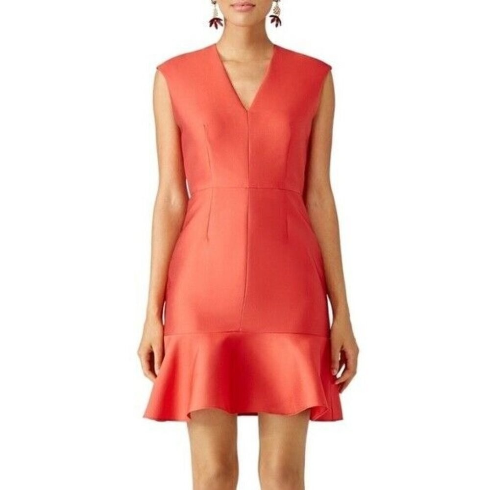 CARVEN Size 38 Red Satin Flutter Dress $461 V Neck Peplum Hem Silk Blend Womens